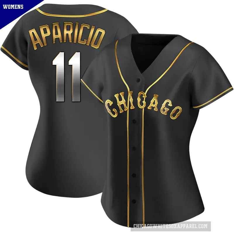 Women's No.11 Luis Aparicio Chicago White Sox Gold Replica Black en Alternate Jersey