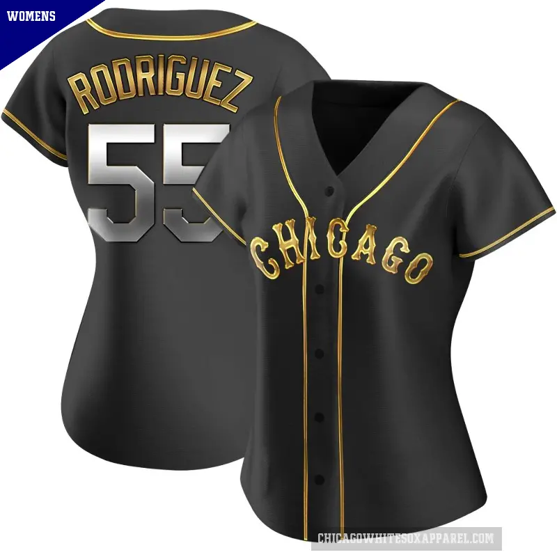 Women's No.55 Jose Rodriguez Chicago White Sox Gold Replica Black en Alternate Jersey